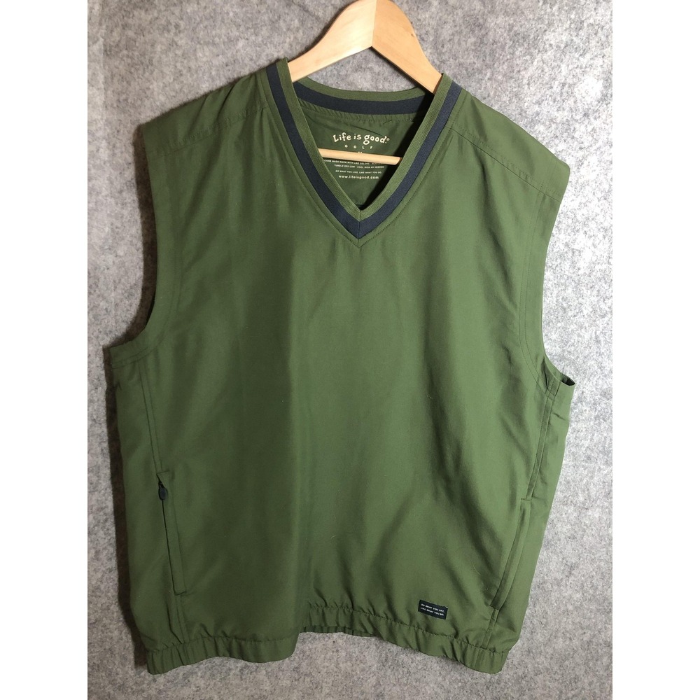 Life Is Good Vest Mens Medium Green Golf Windbreaker V Neck Pullover Lined